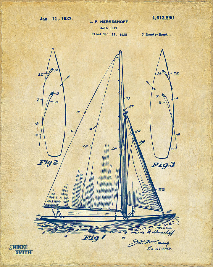1927 Sailboat Patent Artwork - Vintage Digital Art by Nikki Marie Smith