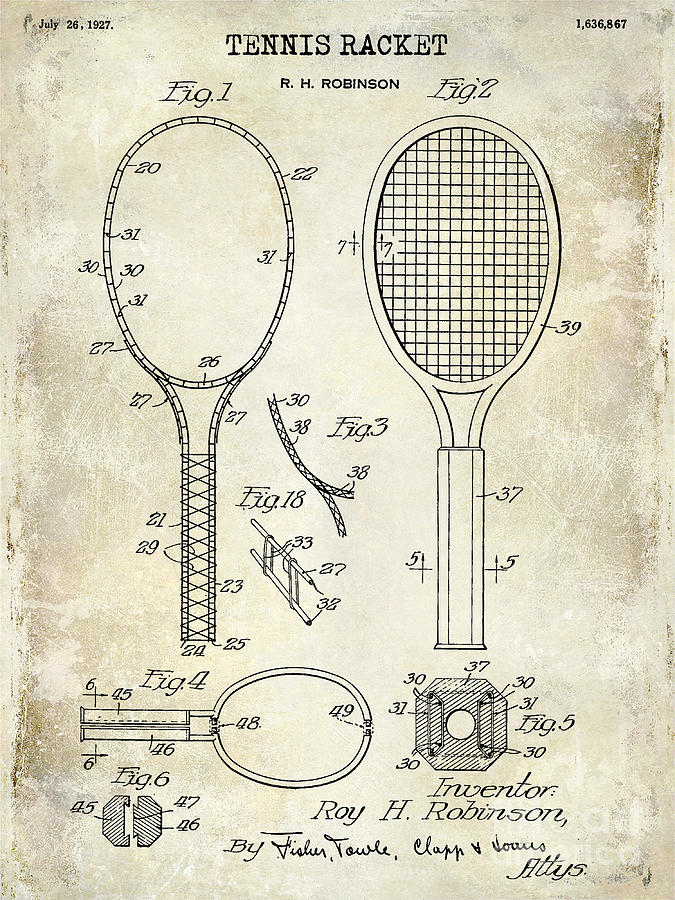 Tennis Photograph - 1927 Tennis Racket Patent Drawing  by Jon Neidert