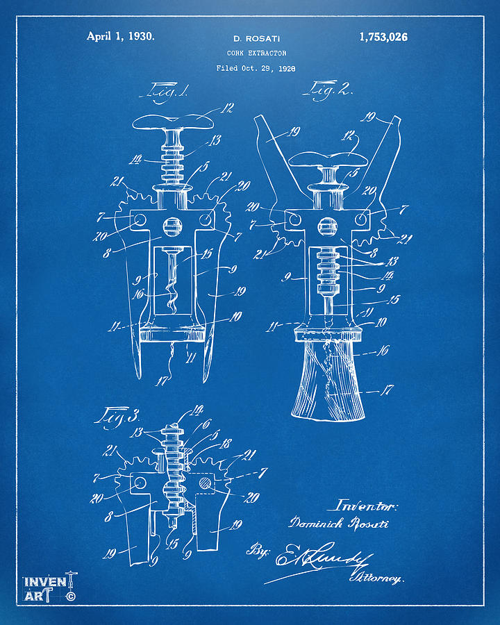 Wine Digital Art - 1928 Cork Extractor Patent Artwork - Blueprint by Nikki Marie Smith