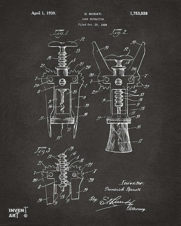 1928 Cork Extractor Patent Artwork - Gray Digital Art by Nikki Marie Smith