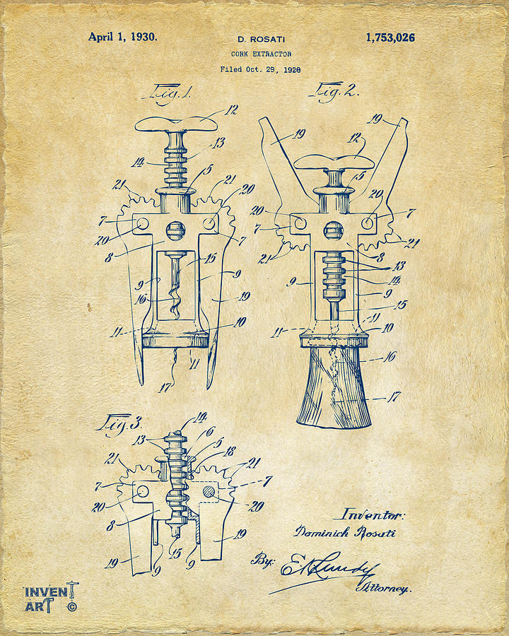 1928 Cork Extractor Patent Artwork - Vintage Digital Art by Nikki Marie Smith