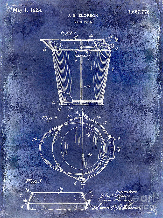 1928 Milk Pail Patent Drawing Blue Photograph by Jon Neidert - Fine Art ...