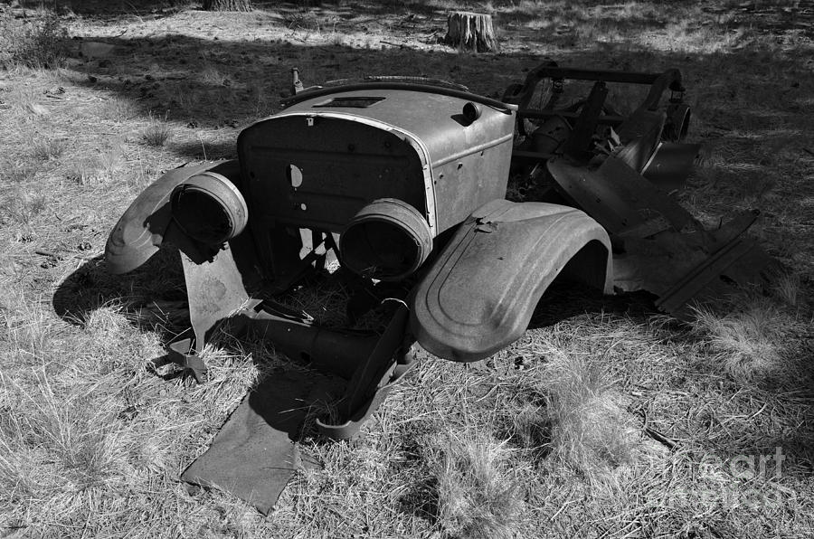 1928 Model A Ford Rusty Remnants Black and White Photograph by Shawn OBrien