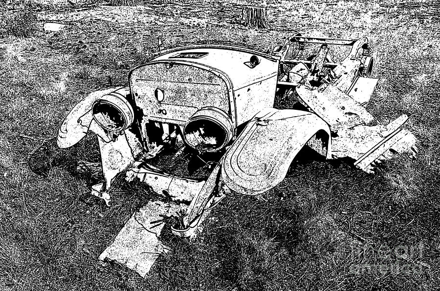 1928 Model A Ford Rusty Remnants Stamp Black and White Photograph by Shawn OBrien