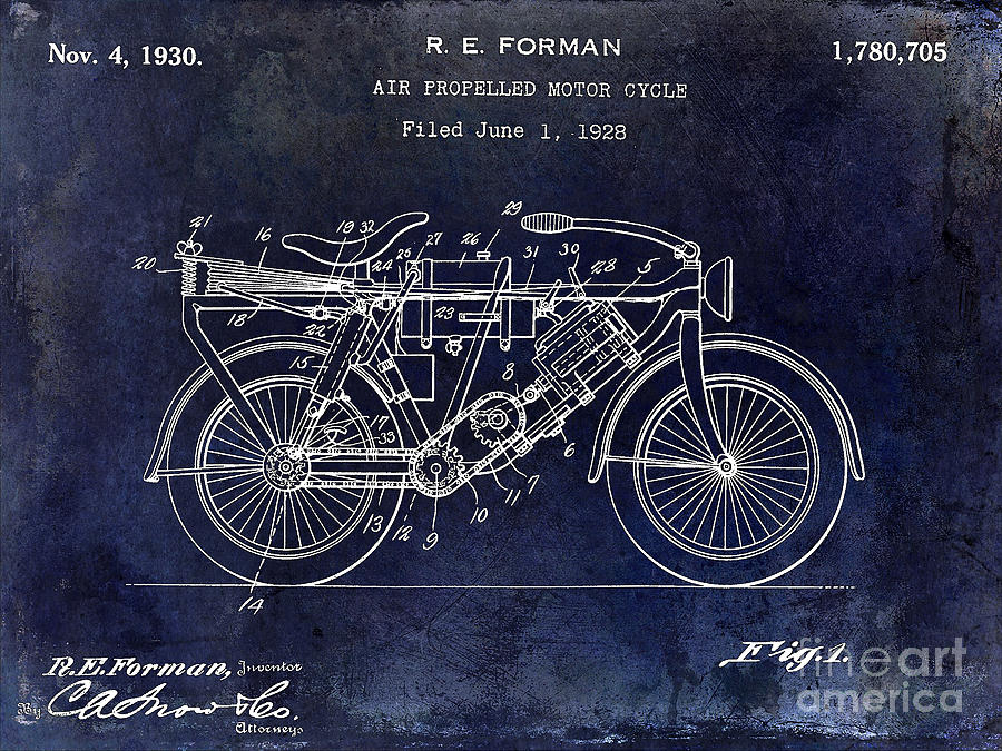 1928 Motorcycle Patent Drawing Blue Photograph by Jon Neidert
