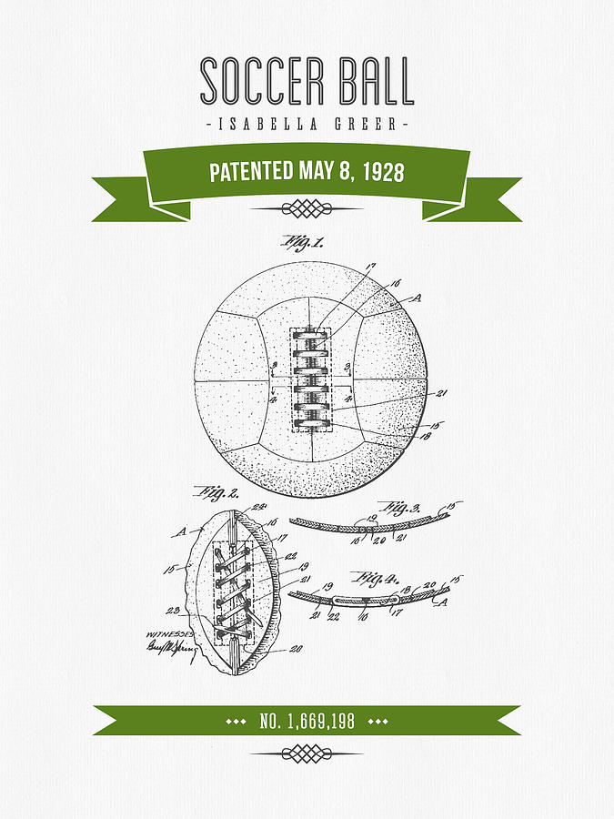 1928 Soccer Ball Patent Drawing - Retro Green Digital Art