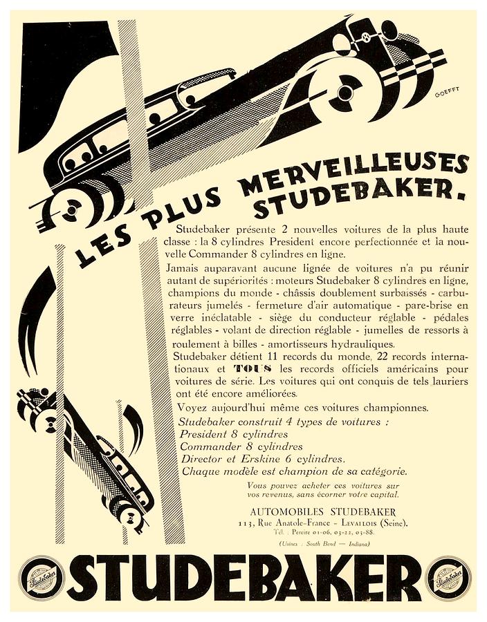 1929 - Studebaker Automobile Franch Advertisement Digital Art by John Madison