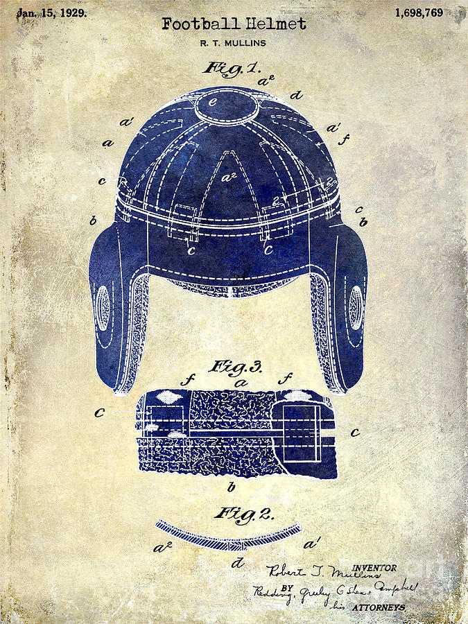 1929 Football Helmet Patent Drawing 2 Tone Photograph by Jon Neidert