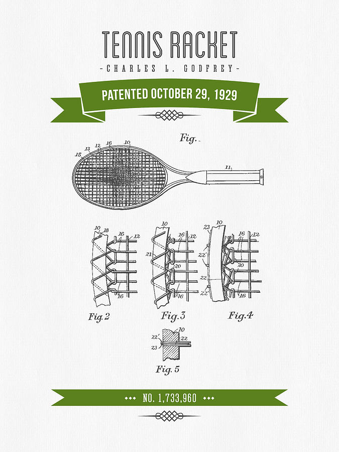 Tennis Digital Art - 1929 Tennis Racket Patent Drawing - Retro Green by Aged Pixel