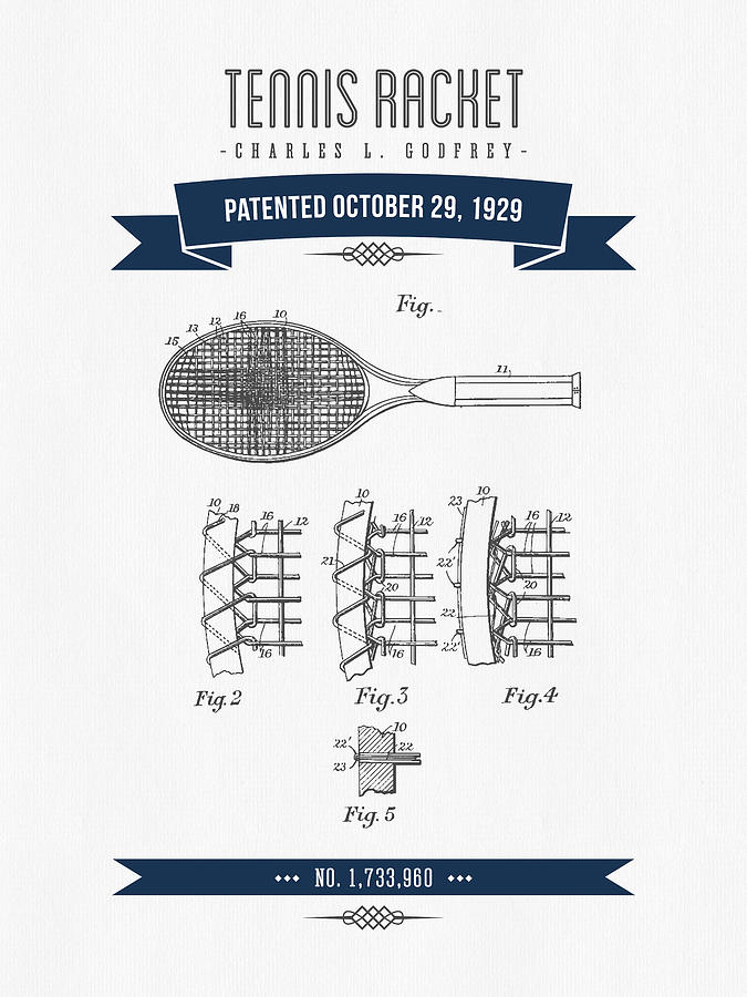 1929 Tennis Racket Patent Drawing - Retro Navy Blue Digital Art