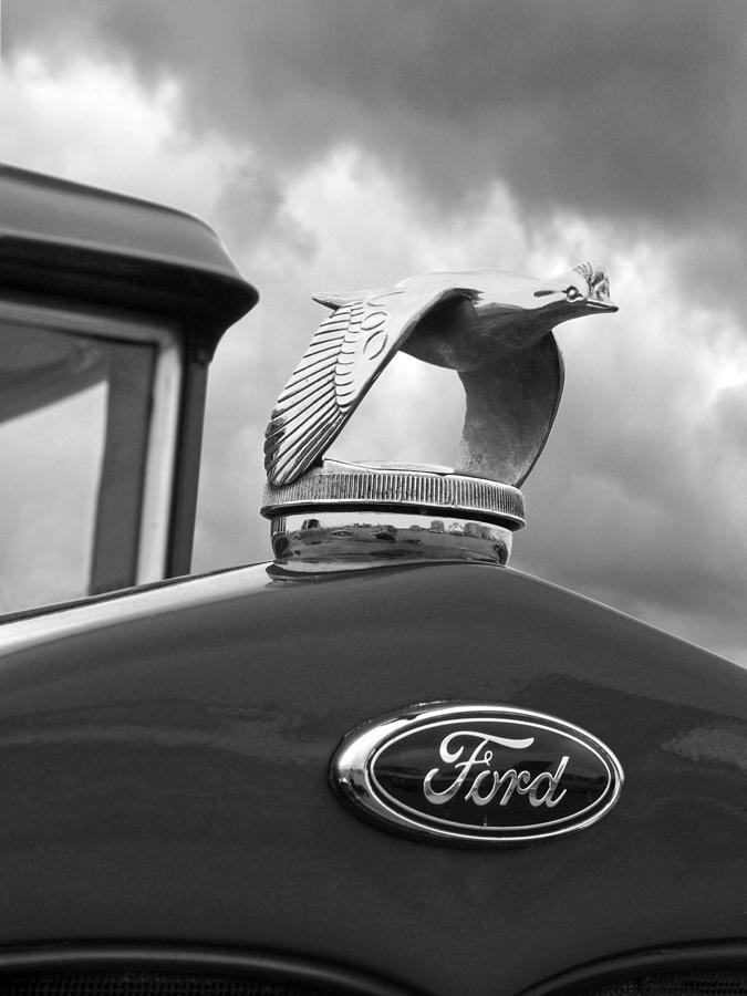 Up Movie Photograph - 1930 Ford Coupe Flying Quail Hood Ornament in Black and White by Gill Billington
