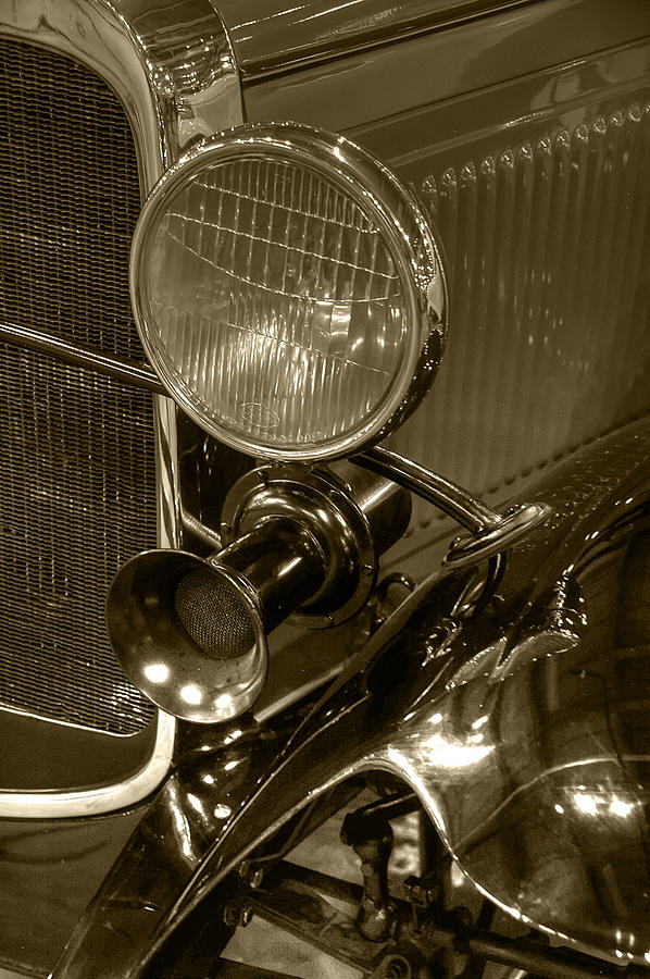 1930 Ford Model A Rumble Seat Roadster Headlight and Horn Sepia Photograph by Ken Smith