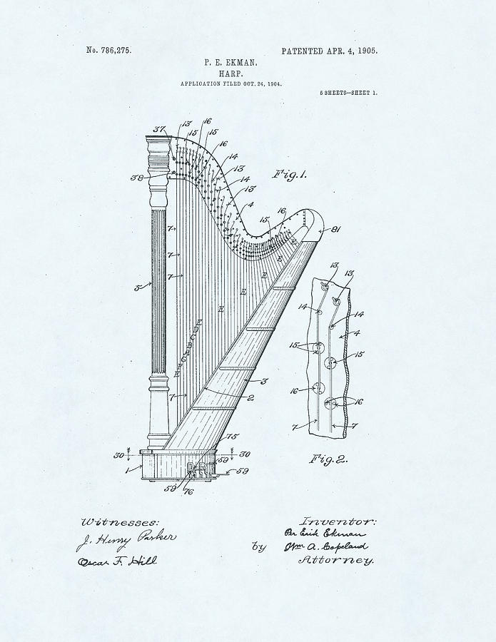 Harp Patent Drawing on blue background #9 Drawing by Steve Kearns