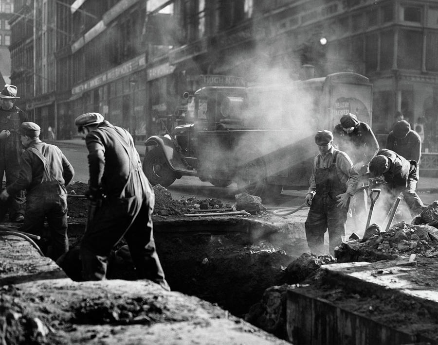 Black And White Photograph - 1930s Construction Street Workers by Vintage Images
