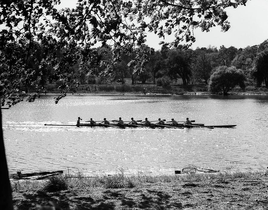 Black And White Photograph - 1930s Silhouette Sculling Boat Race by Vintage Images
