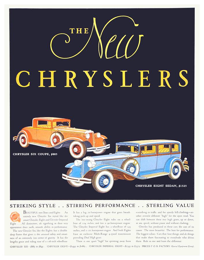 1931 - Chrysler Six Coupe and Eight Sedan Automobile Advertisement - Imperial - Color Digital Art by John Madison