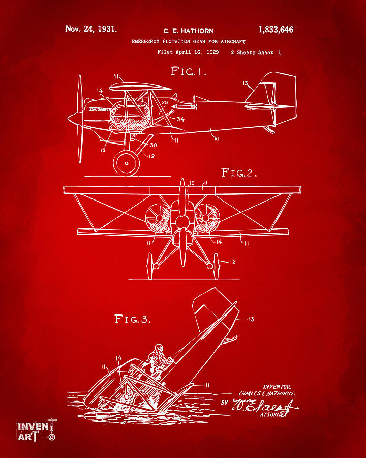 Vintage Digital Art - 1931 Aircraft Emergency Floatation Patent Red by Nikki Marie Smith