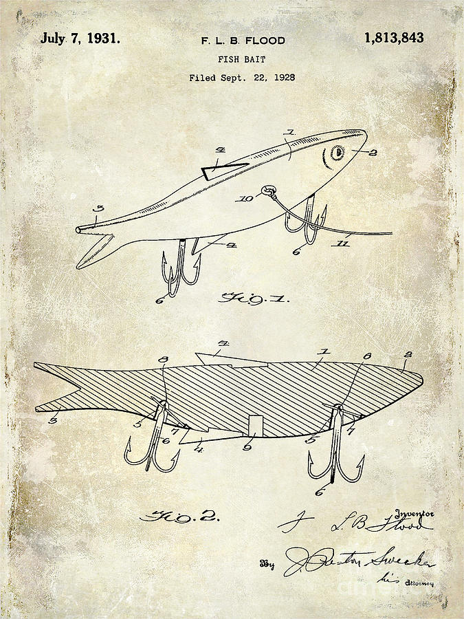 Bass Photograph - 1931 Fish Bait Patent Drawing by Jon Neidert