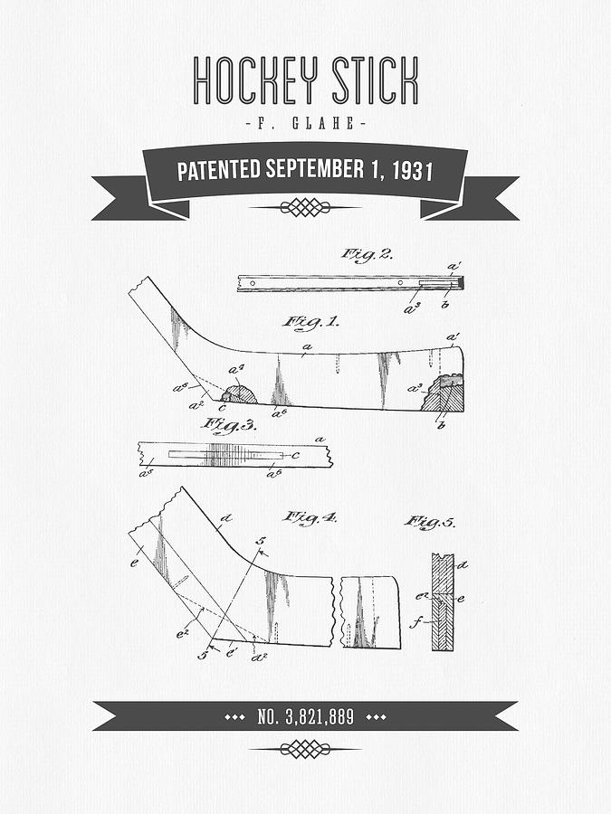 1931 Hockey Stick Patent Drawing - Retro Gray Digital Art