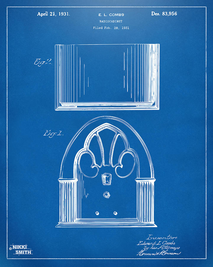 1931 Philco Radio Cabinet Patent Artwork - Blueprint Drawing by Nikki Marie Smith