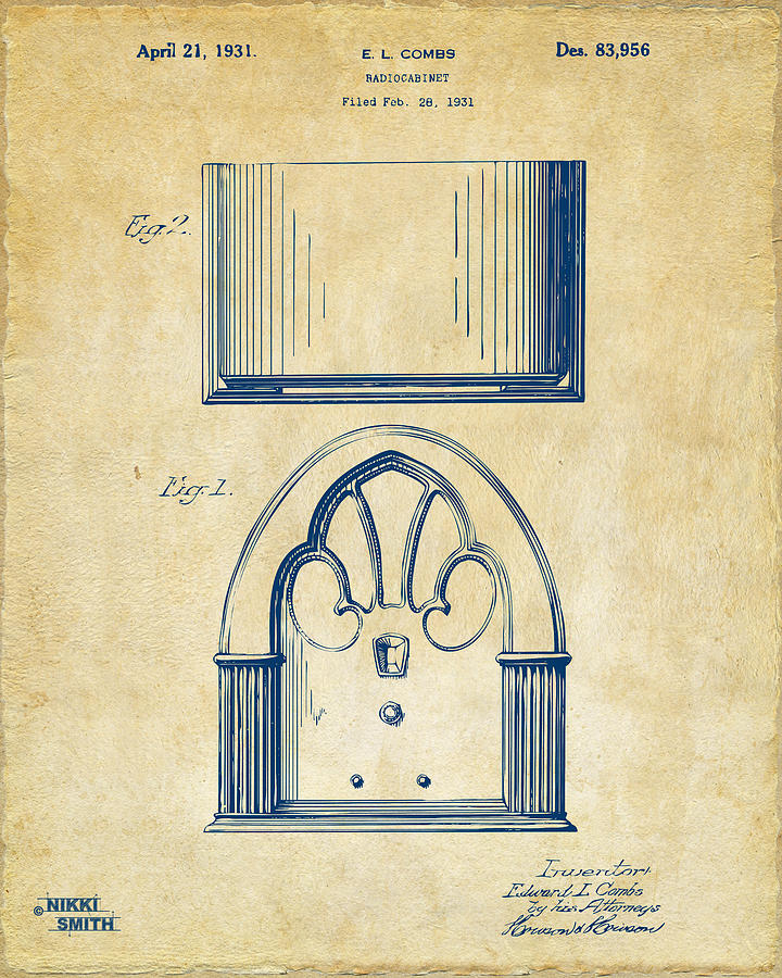 1931 Philco Radio Cabinet Patent Artwork - Vintage Drawing by Nikki Marie Smith