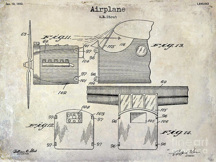 Airplane Photograph - 1932 Airplane Patent Drawing  by Jon Neidert