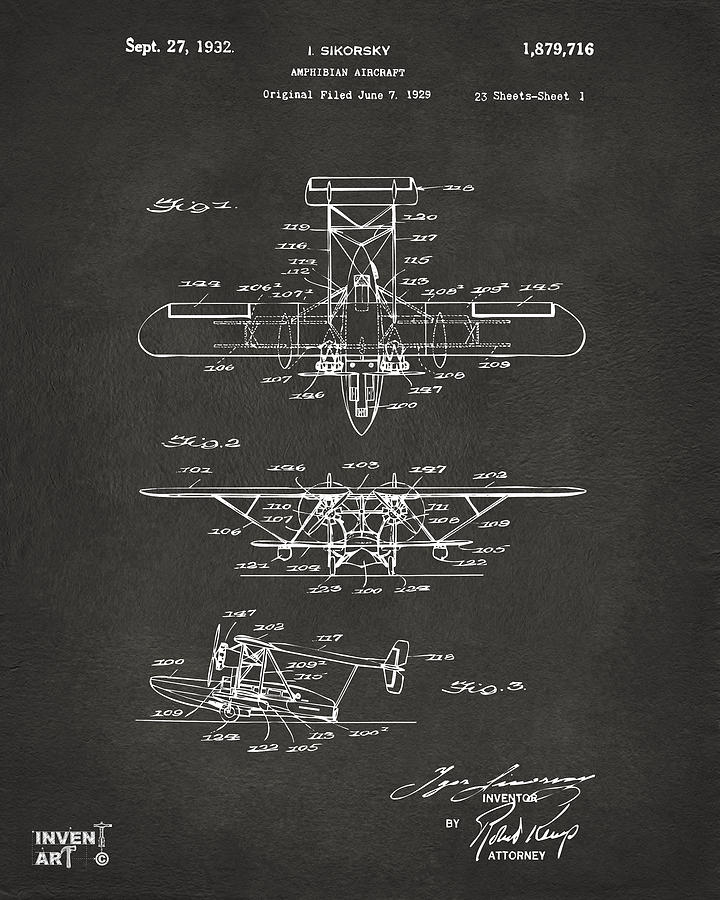 Vintage Digital Art - 1932 Amphibian Aircraft Patent Gray by Nikki Marie Smith