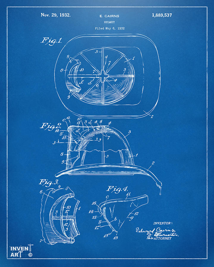 Vintage Digital Art - 1932 Fireman Helmet Artwork Blueprint by Nikki Marie Smith
