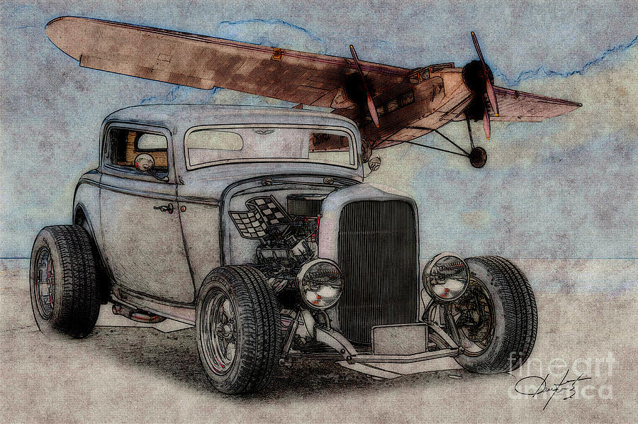Transportation Digital Art - 1932 Ford Coupe and Ford TriMotor Plane by Dave Koontz
