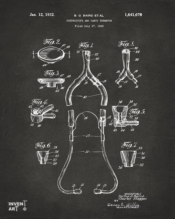 1932 Medical Stethoscope Patent Artwork - Gray Digital Art by Nikki Marie Smith