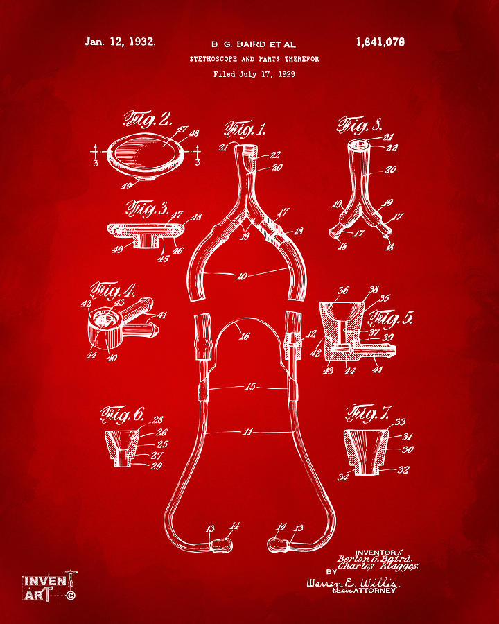 1932 Medical Stethoscope Patent Artwork - Red Digital Art by Nikki Marie Smith