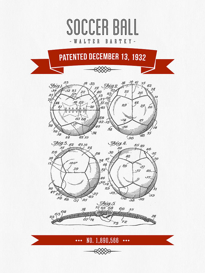 1932 Soccer Ball Patent Drawing - Retro Red Digital Art