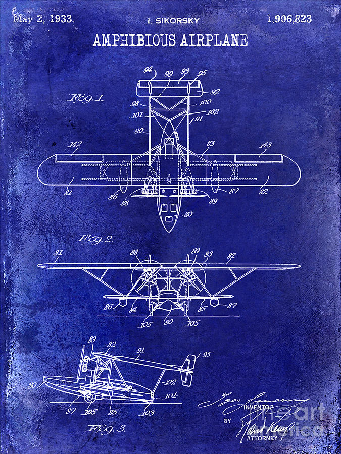 Airplane Photograph - 1933 Amphibious Airplane  Patent Drawing Blue by Jon Neidert