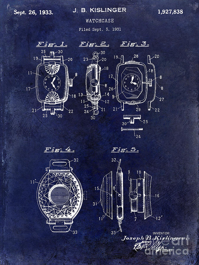 Watch Still Life Photograph - 1933 Watch Case Patent Drawing Blue by Jon Neidert