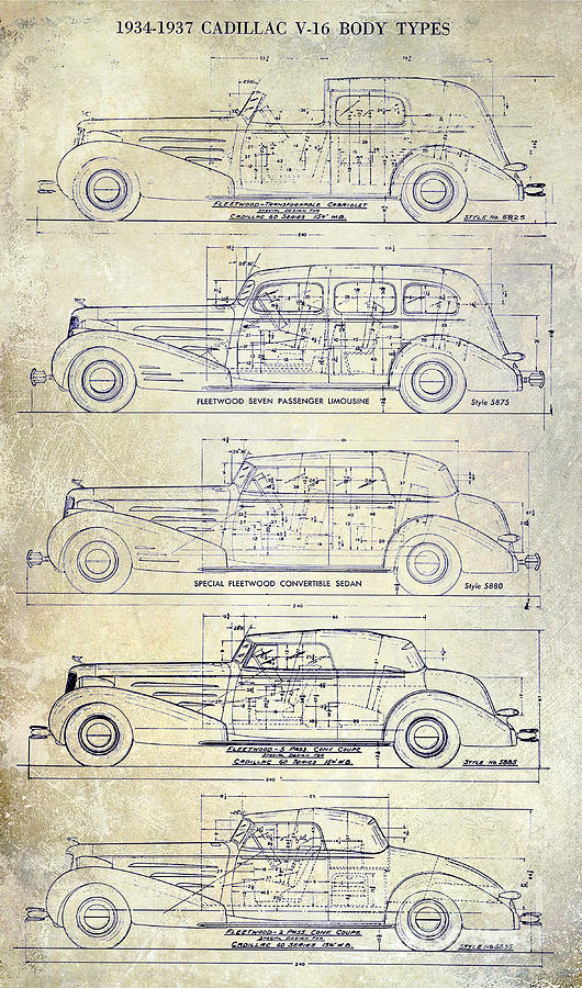 1934-37 Cadillac V-16 Body Types Drawing Drawing by Jon Neidert
