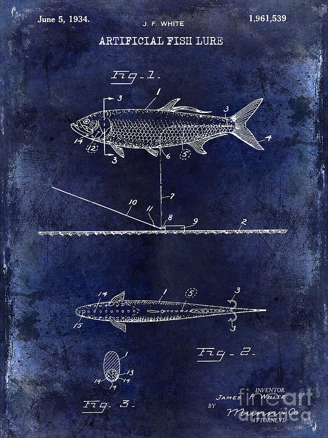 Bass Photograph - 1934 Artificial Fish Lure Patent Drawing Blue by Jon Neidert