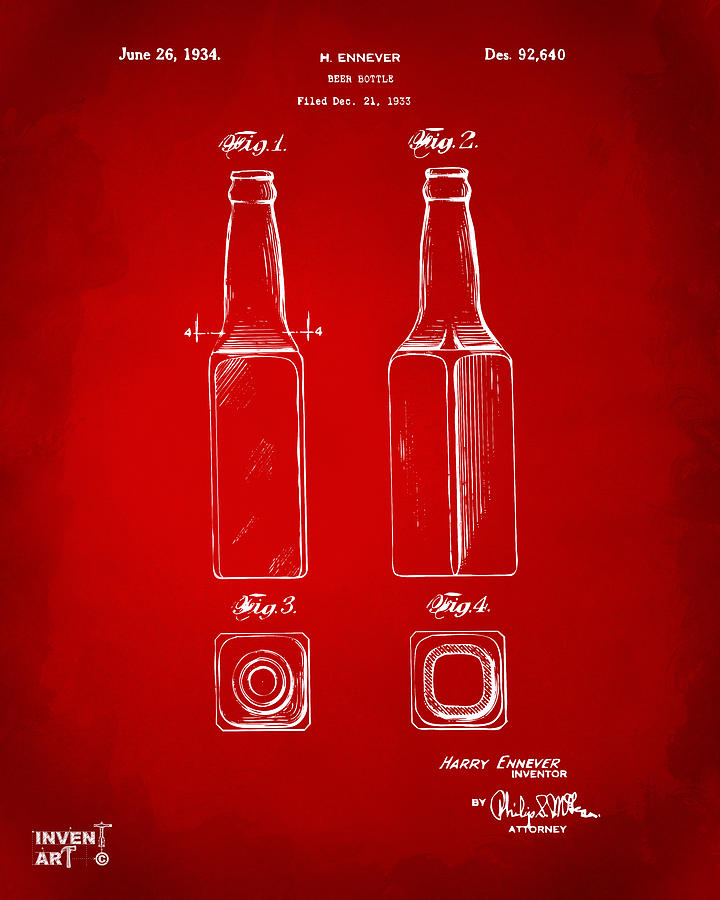 Beer Digital Art - 1934 Beer Bottle Patent Artwork - Red by Nikki Marie Smith
