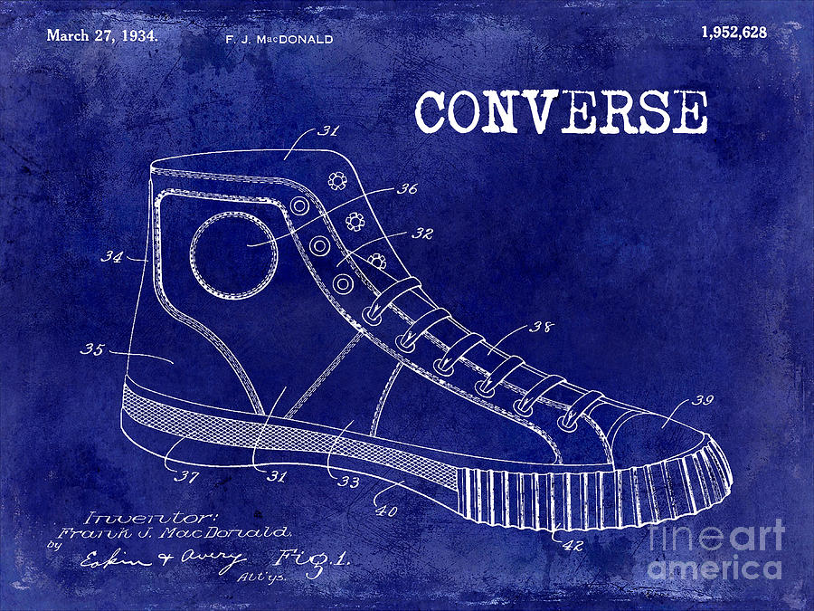 Michael Jordan Photograph - 1934 Converse Shoe Patent Drawing Blue by Jon Neidert