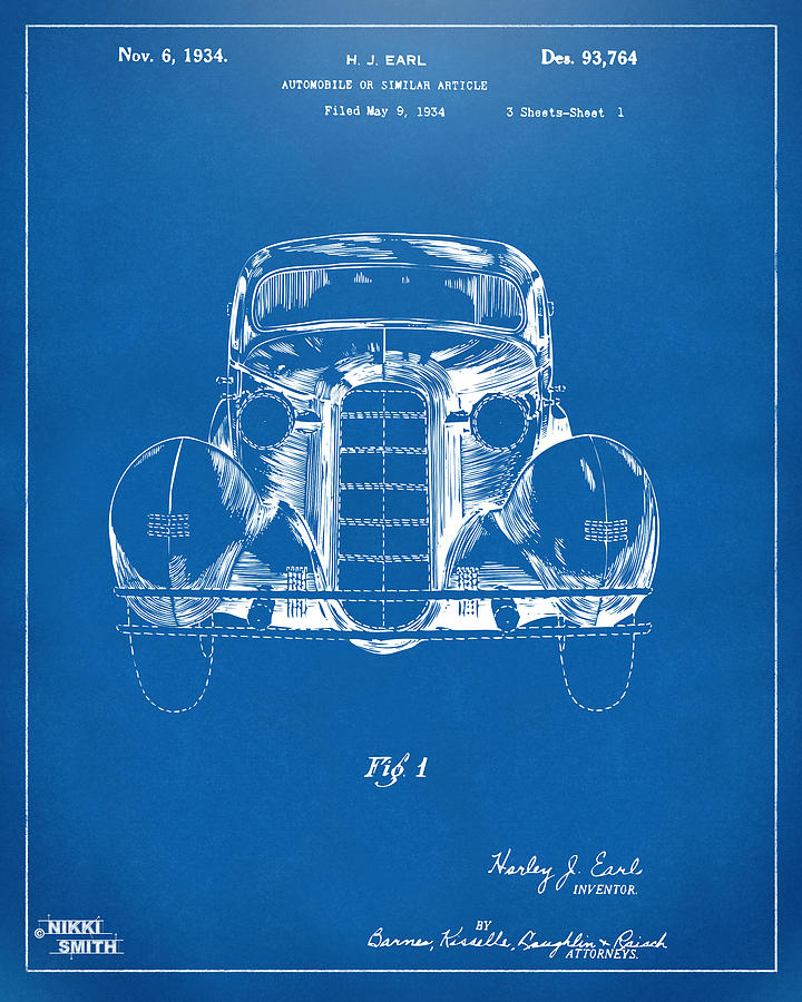 1934 La Salle Automobile Patent 1 Artwork - Blueprint Drawing by Nikki Marie Smith