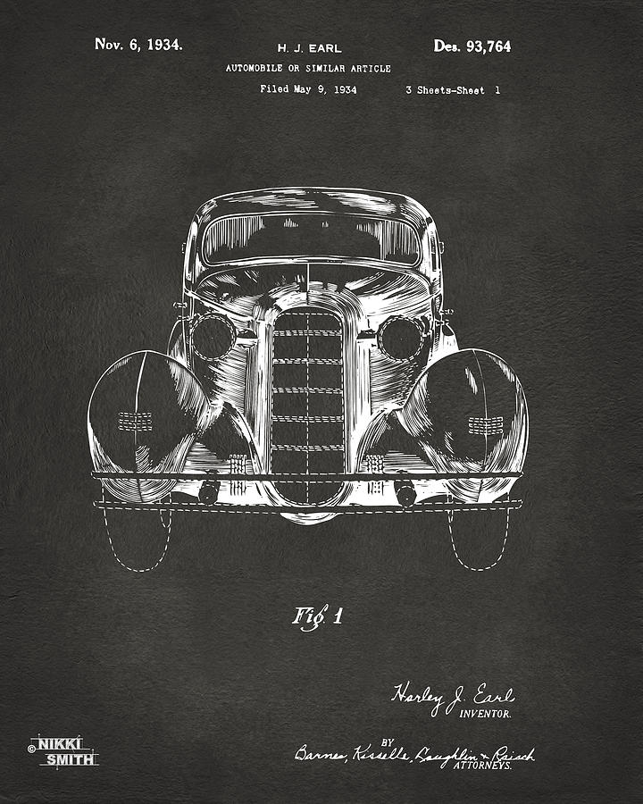 Car Digital Art - 1934 La Salle Automobile Patent 1 Artwork - Gray by Nikki Marie Smith