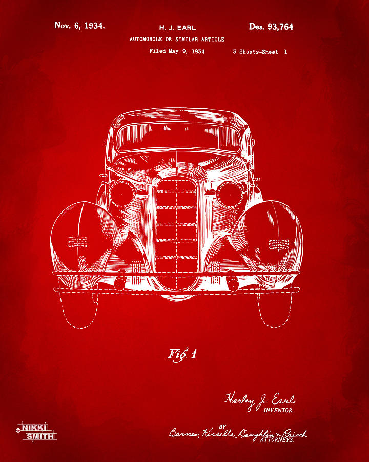1934 La Salle Automobile Patent 1 Artwork - Red Drawing by Nikki Marie Smith