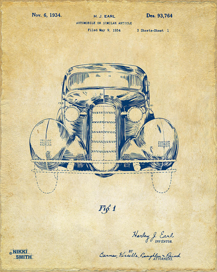 1934 La Salle Automobile Patent 1 Artwork - Vintage Drawing by Nikki Marie Smith