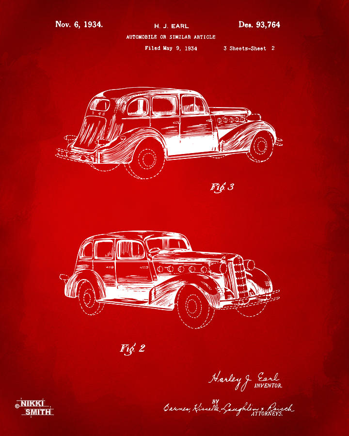 1934 La Salle Automobile Patent Artwork 2 - Red Digital Art by Nikki Marie Smith