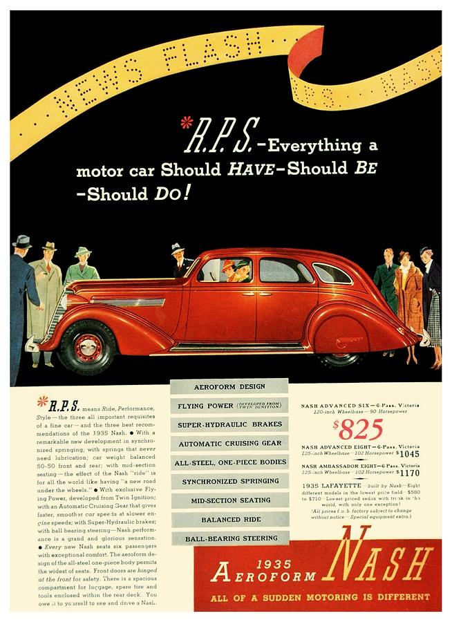 1935 - Nash Aeroform Automobile Advertisement - Color Digital Art by John Madison