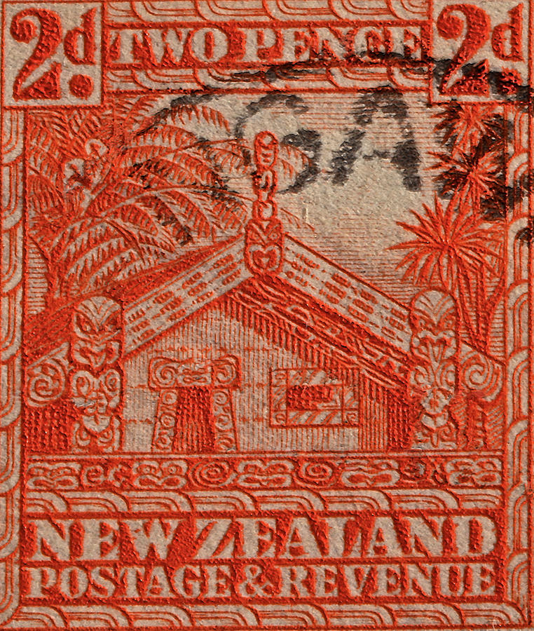 1935 Photograph - 1935 Carved Maori House New Zealand Stamp by Bill Owen