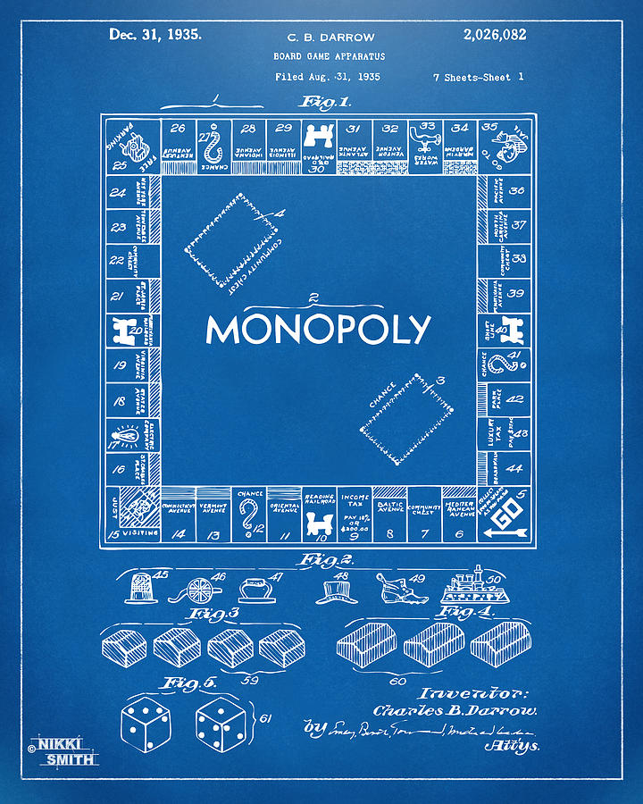 Monopoly Drawing - 1935 Monopoly Game Board Patent Artwork - Blueprint by Nikki Marie Smith