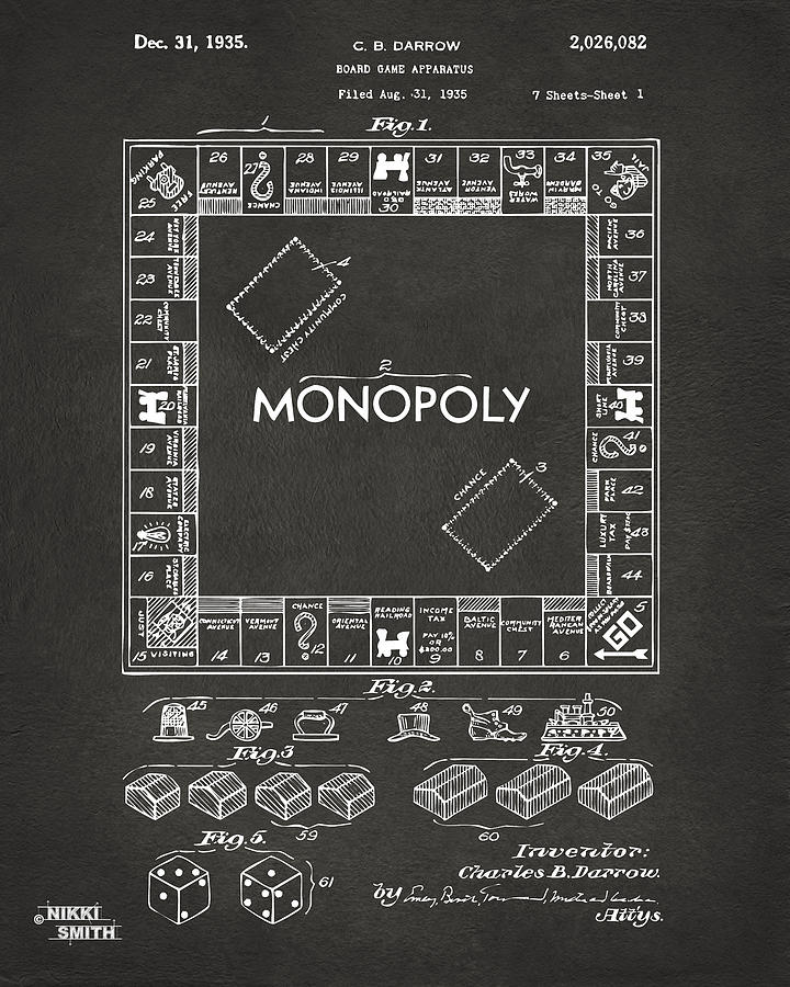 1935 Monopoly Game Board Patent Artwork - Gray Digital Art by Nikki Marie Smith