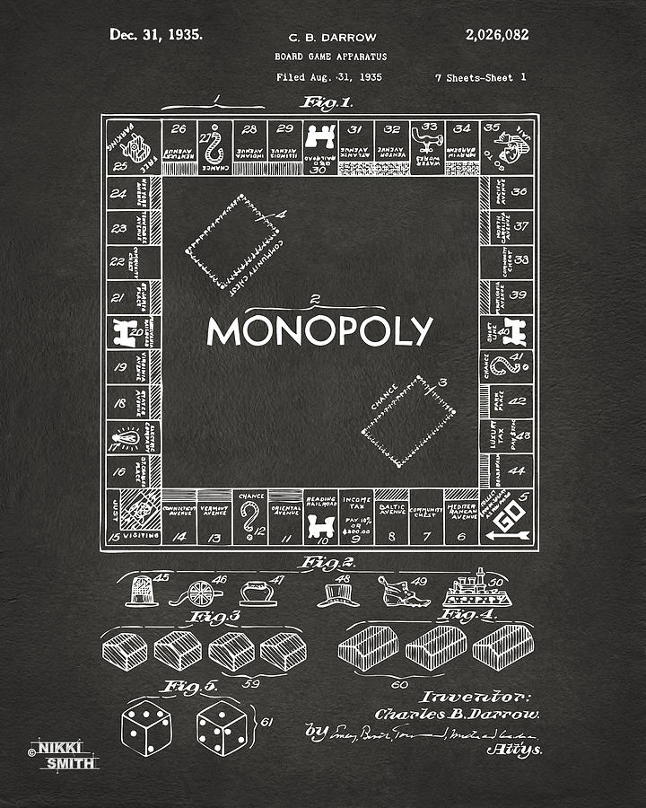 Monopoly Digital Art - 1935 Monopoly Game Board Patent Artwork - Gray by Nikki Marie Smith