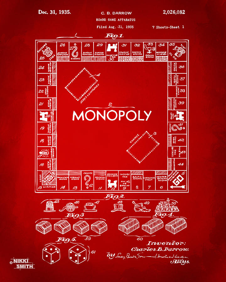Monopoly Drawing - 1935 Monopoly Game Board Patent Artwork - Red by Nikki Marie Smith