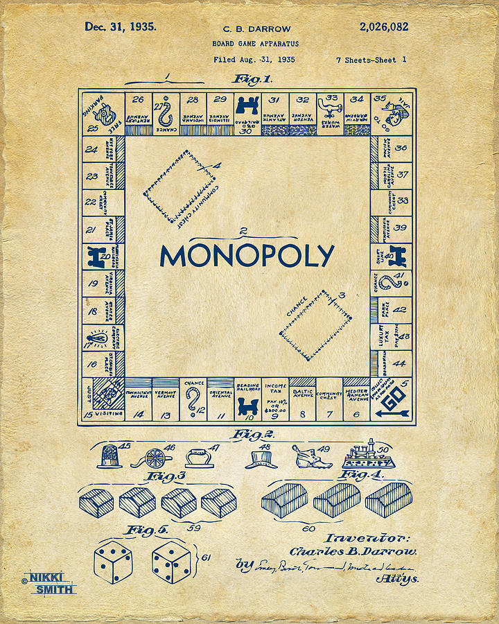 Monopoly Drawing - 1935 Monopoly Game Board Patent Artwork - Vintage by Nikki Marie Smith